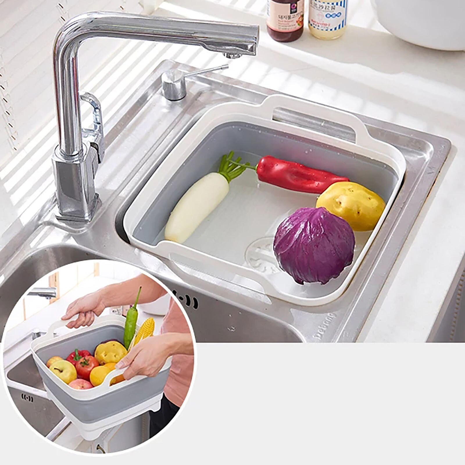 Bassin de lavage pliable en Silicone, avec bouchon de vidange, poignées de transport, égouttoir d'évier, passoire de Camping # T2G