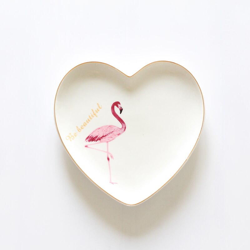 Ins Flamingo Plate Ceramic Porcelain Heart-shaped Pastry Dish Spaghetti Plates Fruit Saucer Home Tableware Dinnerware: A