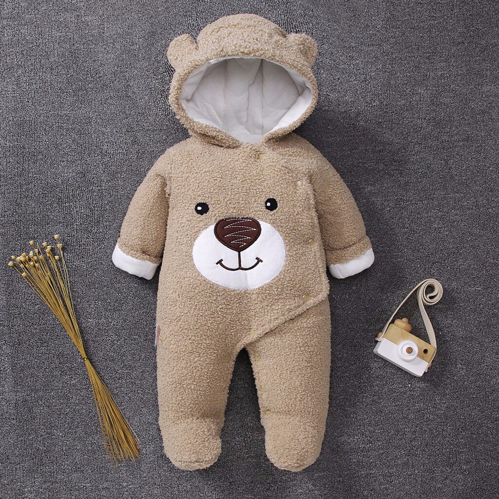 MUQGEW baby jumpsuit bear Baby Girls Boys romper Winter hooded baby rompers born baby clothes Zip Thick Snowsuit WY8: Khaki / 12M