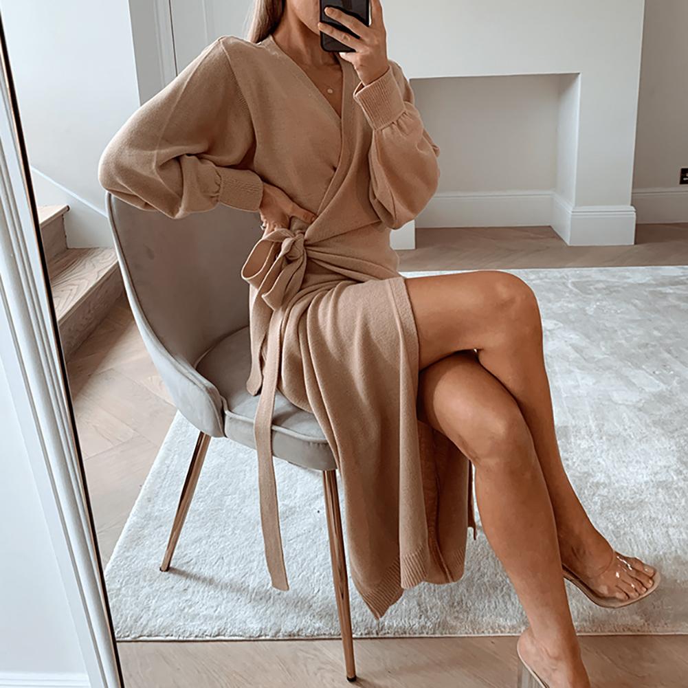 dresses Women Autumn Winter Solid Color Long Sleeve Knitted Wrap Belt Dress Maxi Robe Long Dress Vestido Femme Vestidos