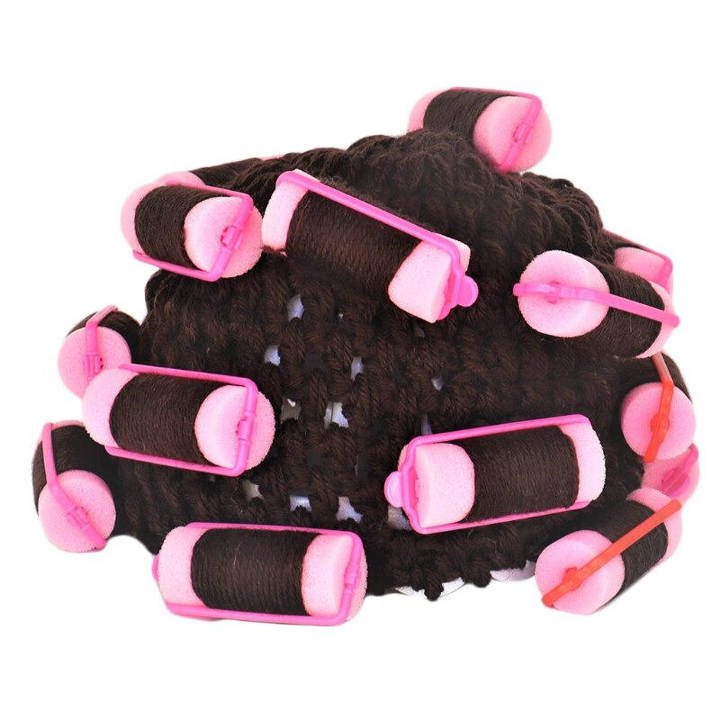 Adult Kids Baby Knitted Hair Roller Curlers Wig Hat Funny Housewife Landlady Cosplay Costume Elastic Head Cover Cap: Brown