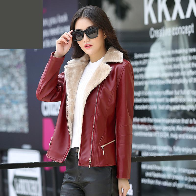Women winter leather jacket plus velvet Outwear fur one zipper abrigo chamarras de mujer jaqueta de couro feminino