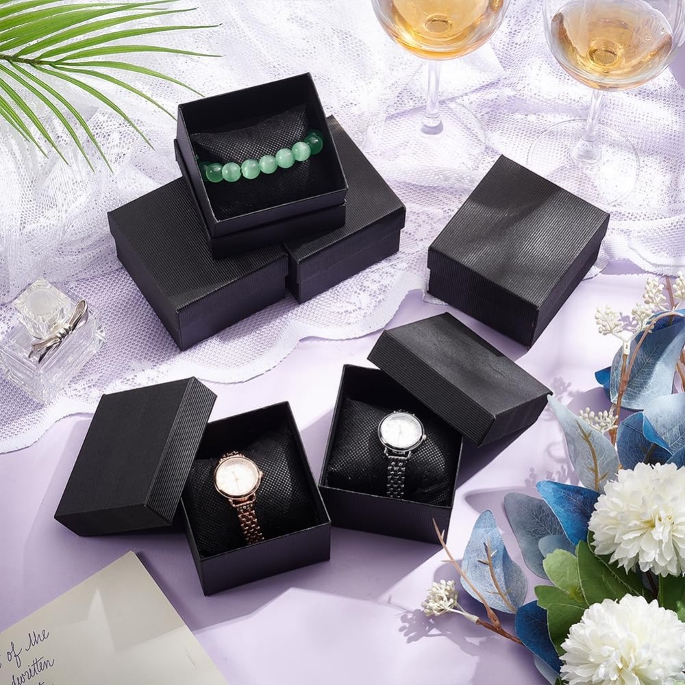 Caja de reloj individual negra de 10 Uds., caja de embalaje de de cartón de 3,4x3x2, soporte para relojes con almohada, soporte para pulsera, almacenamiento cuadrado