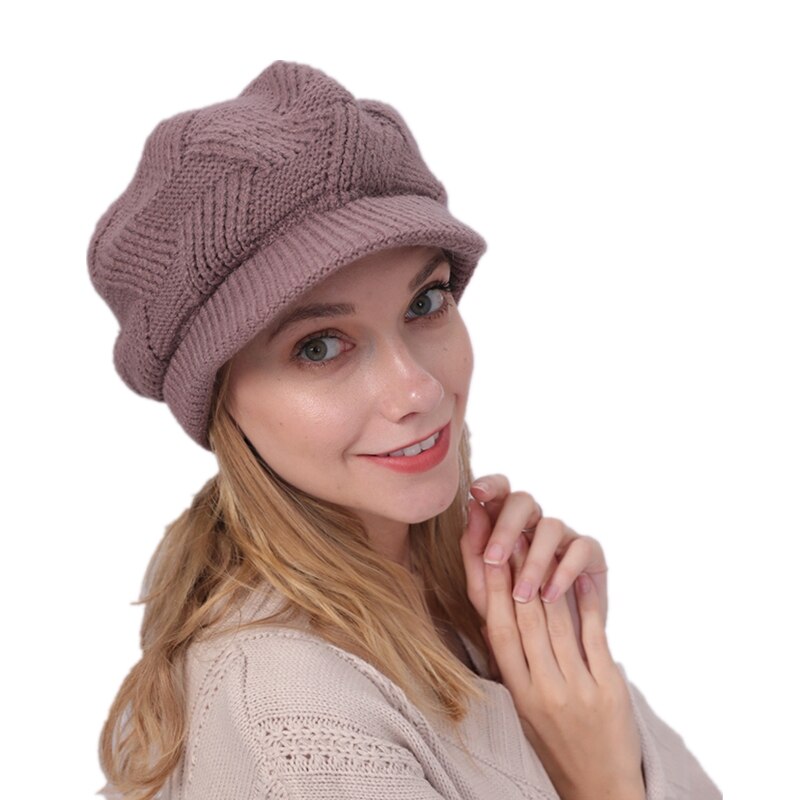 Women Winter Crochet Pure Color Hat Cap Velvet Faux Rabbit Fur Knitted Hat Brim Beret Cap Headwear For Women Girls