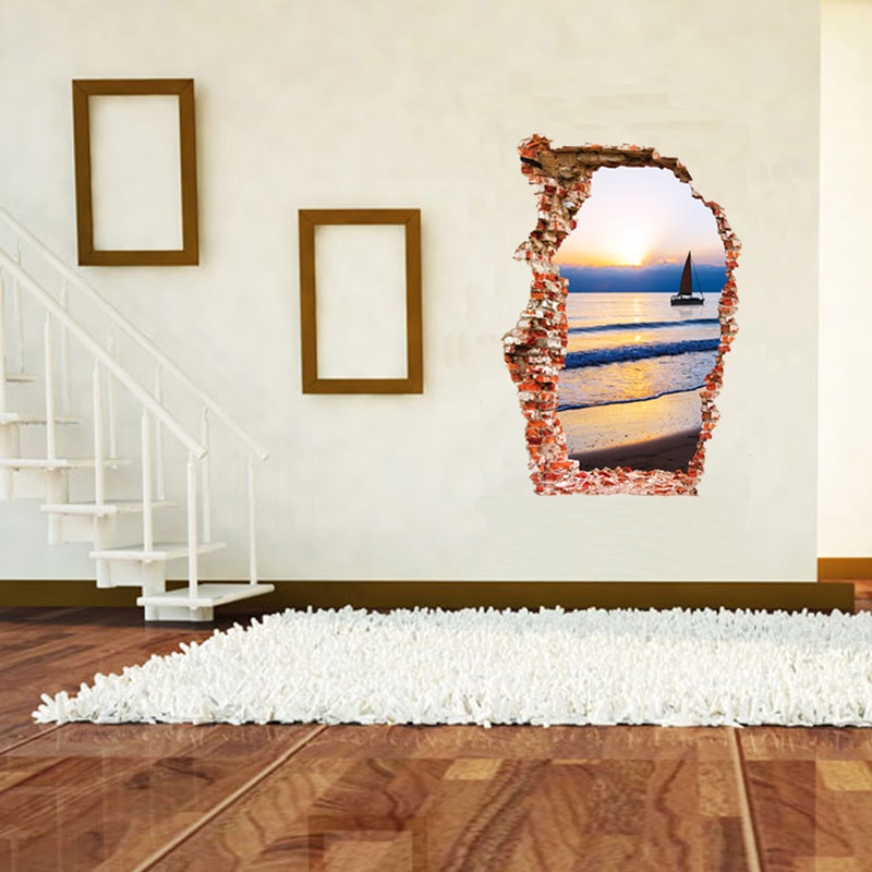Breaken Muur 3D Muurstickers Zee boot zonsondergang Landschap Woondecoratie woonkamer achtergrond art Gebroken Gat De Deur Sticker