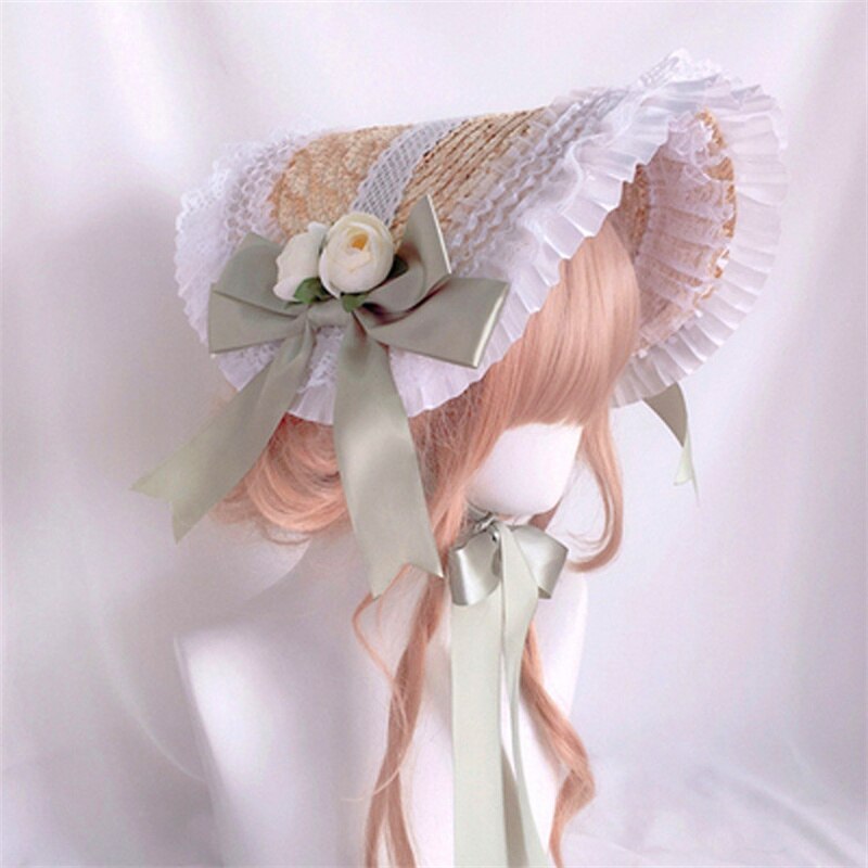 Chapeau de paille Lolita pastorale, fait à la main, doux, dentelle à volants, ruban de coupe, , fête de thé, Cosplay Floral, béret Lolita