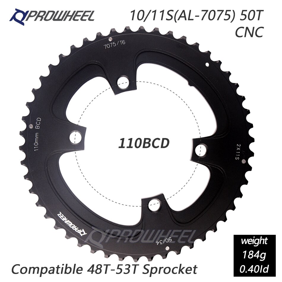 Prowheel Racefiets Kettingblad 110/130BCD 34/39/50/53T Tandwiel AL-7075 Cnc 8/9/10/11 Speed Chainwheel Crankstel Tandplaat Onderdelen: 4h 110bcd 50t Al7075