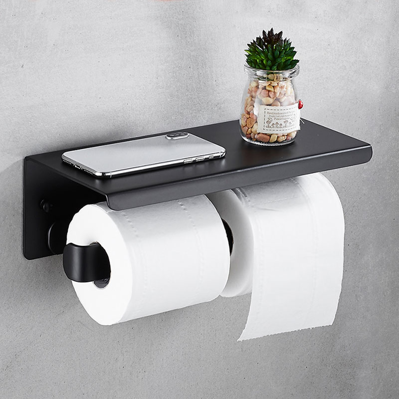 Dobbeltrulle toiletpapirholder hylde på vægmontering, badeværelse dobbelt tissue-rulleholder med telefoner / klude opbevaringsstativ mat sort: Dobbelt rulle