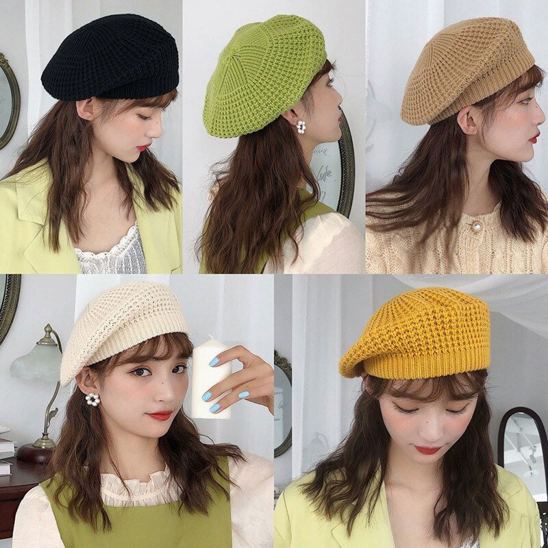 Women Knitted Beret Hat Painter Hat Solid Korean Version Vintage Beanie Hat Caps