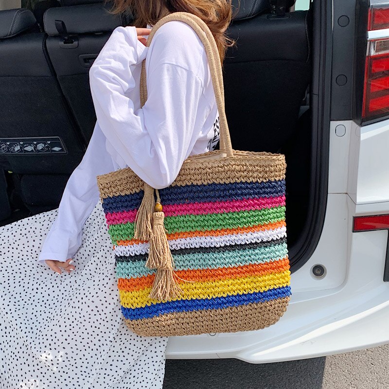 Contrast color Straw Tote bag Summer Women's Handbag High capacity Shopping Shoulder bag Beach Travel bag