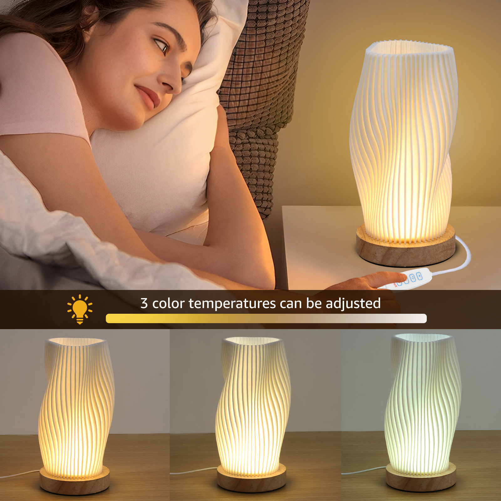 Nachttischlampe mit Holzsockel, Neuheit, kleine Nachttischlampe, Jahrgang-Stil, gestreift, kleine Nachttischlampe für Wohnzimmer