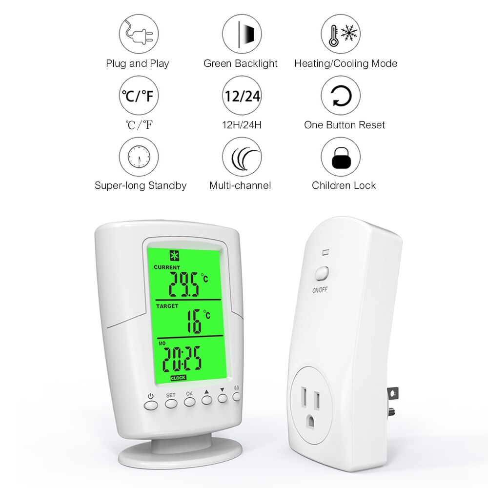 Smart Programmable Wireless Remote Thermostat LCD Screen + Plug in Socket Heating Cooling Program Temperature Controller: US