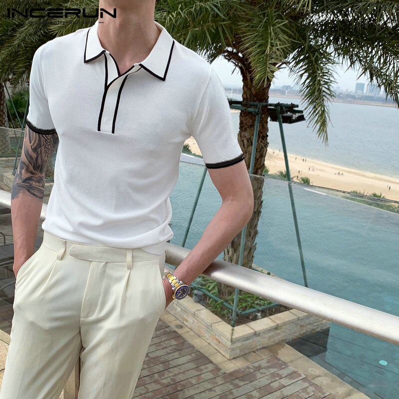 INCERUN Summer Men Shirt British Style Short Sleeve Lapel Streetwear Camisa Masculina Patchwork Breathable Summer Shirts