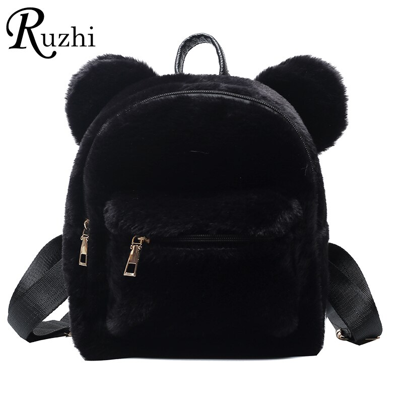 2021 kpop mini mochila para meninas mochila de pelúcia com orelhas de urso pele ombros saco bonito peludo: Black