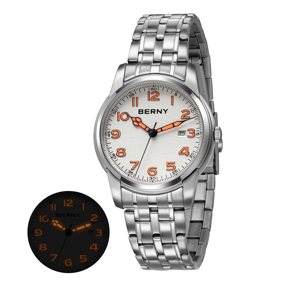 Relojes BERNY para hombre, calendario, fecha, reloj piloto de cuarzo luminoso, S/S, clásica, deportes, fácil lectura, reloj de pulsera para hombre al aire libre
