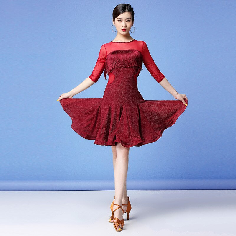 Women Dance Clothes Salsa Samba Wear Front Fringes Half Sleeves Spandex Mesh One-piece Latin Dresses