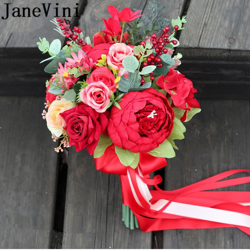 JaneVini Red Peony Rose Bruid Boeket Westerse Bruidsboeket Kunstmatige Eucalyptus Bruidsmeisje Bloemen Broche Accessoires