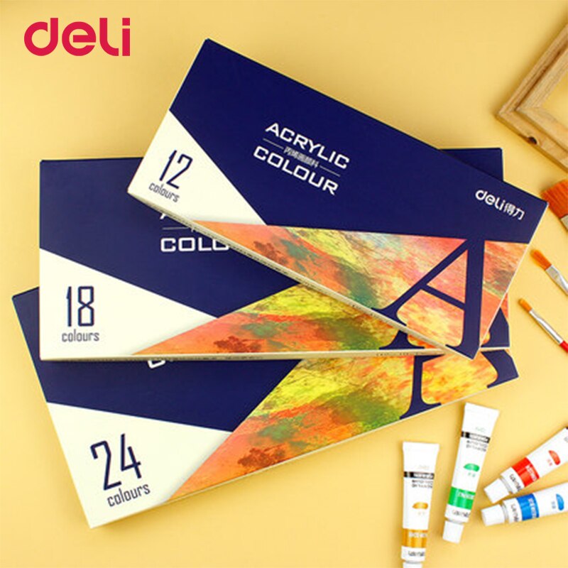 Deli 12/18/24 couleurs peintures acryliques pour l'école kid art fournitures résistance à l'eau ensemble de dessin papeterie aquarelles