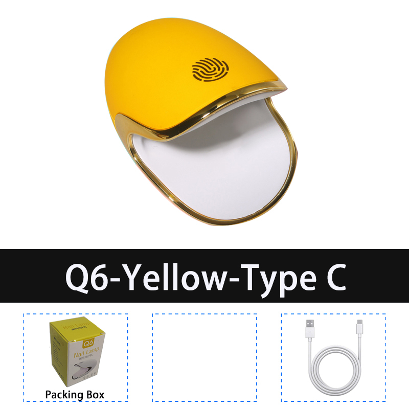 Lámpara de secado rápido para uñas, uñas de Gel de 6W Q6 minisecador, 3LED UV, botón táctil, actualización de carga tipo C, manicura: Yellow