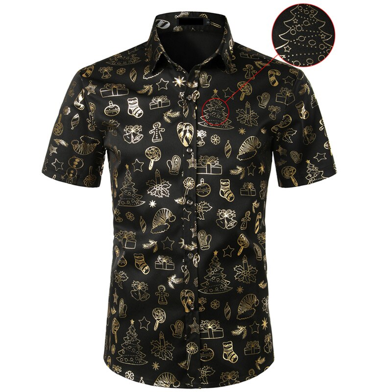 Zwarte heren kerstoverhemd casual slim fit kerstprint heren overhemden korte mouwen overhemd met knoopjes chemise heren top blouses: Zwart / Amerikaanse maat m