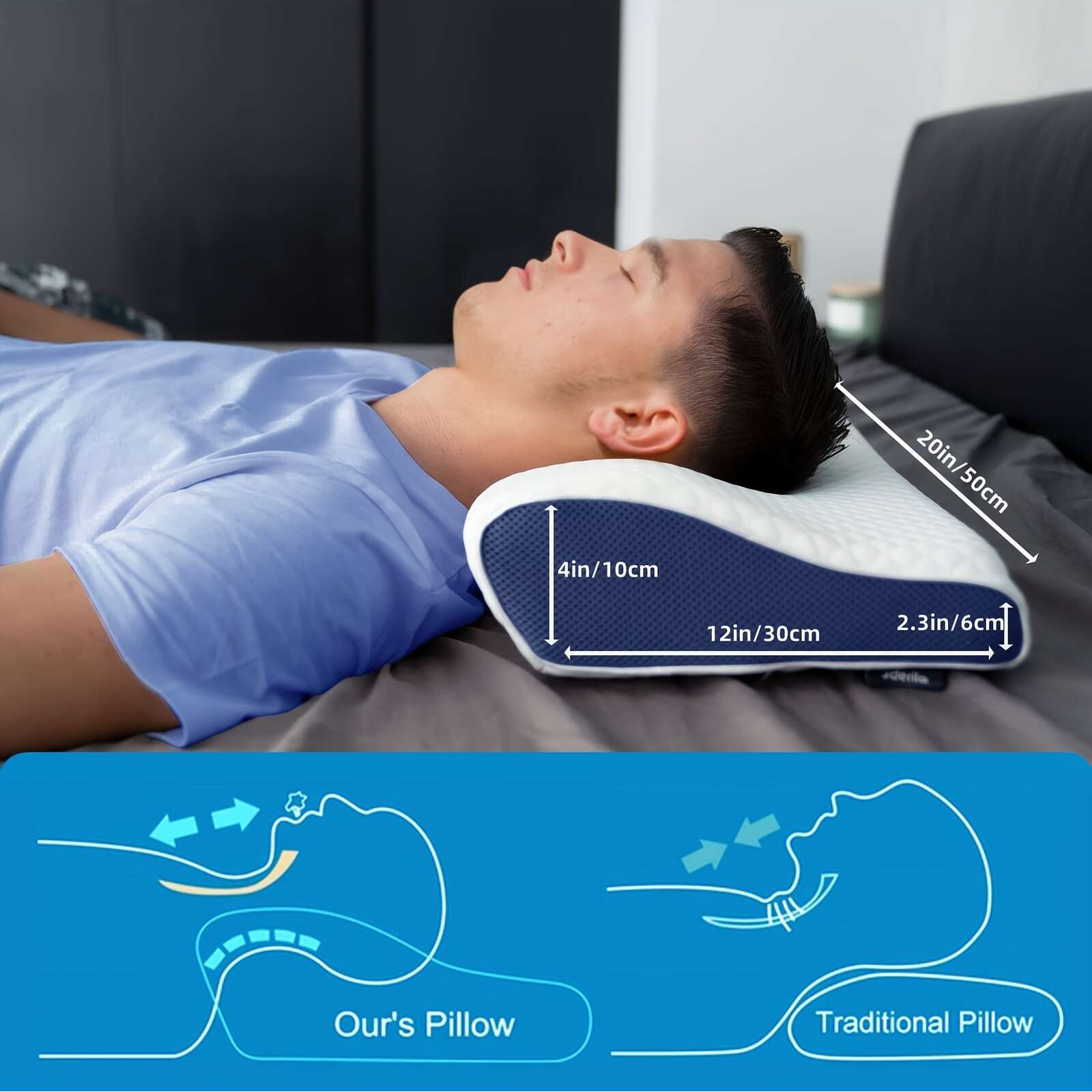 1 almohada de espuma viscoelástica, almohada para dormir para personas mayores de lado, espalda y estómago, almohada de soporte contorneada para el cuello mejora el sueño