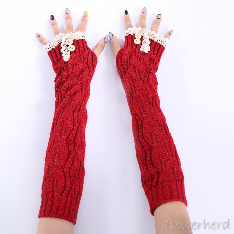 Herfst Winter Mode Handschoen Jaar Kant Knop Gebreide Garen Warm Houden Vingerloze Half Vinger Lady Vrouwen Arm Lange handschoenen
