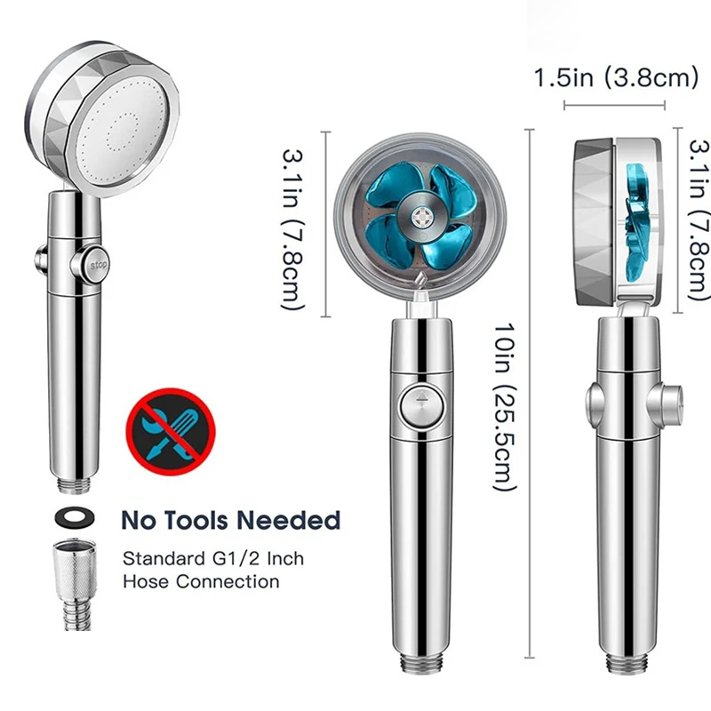 Pommeau de douche avec ventilateur Turbo, Rotation à 360 degrés, haute pression, économie d'eau, Spray réglable, filtres, accessoires de salle de bains