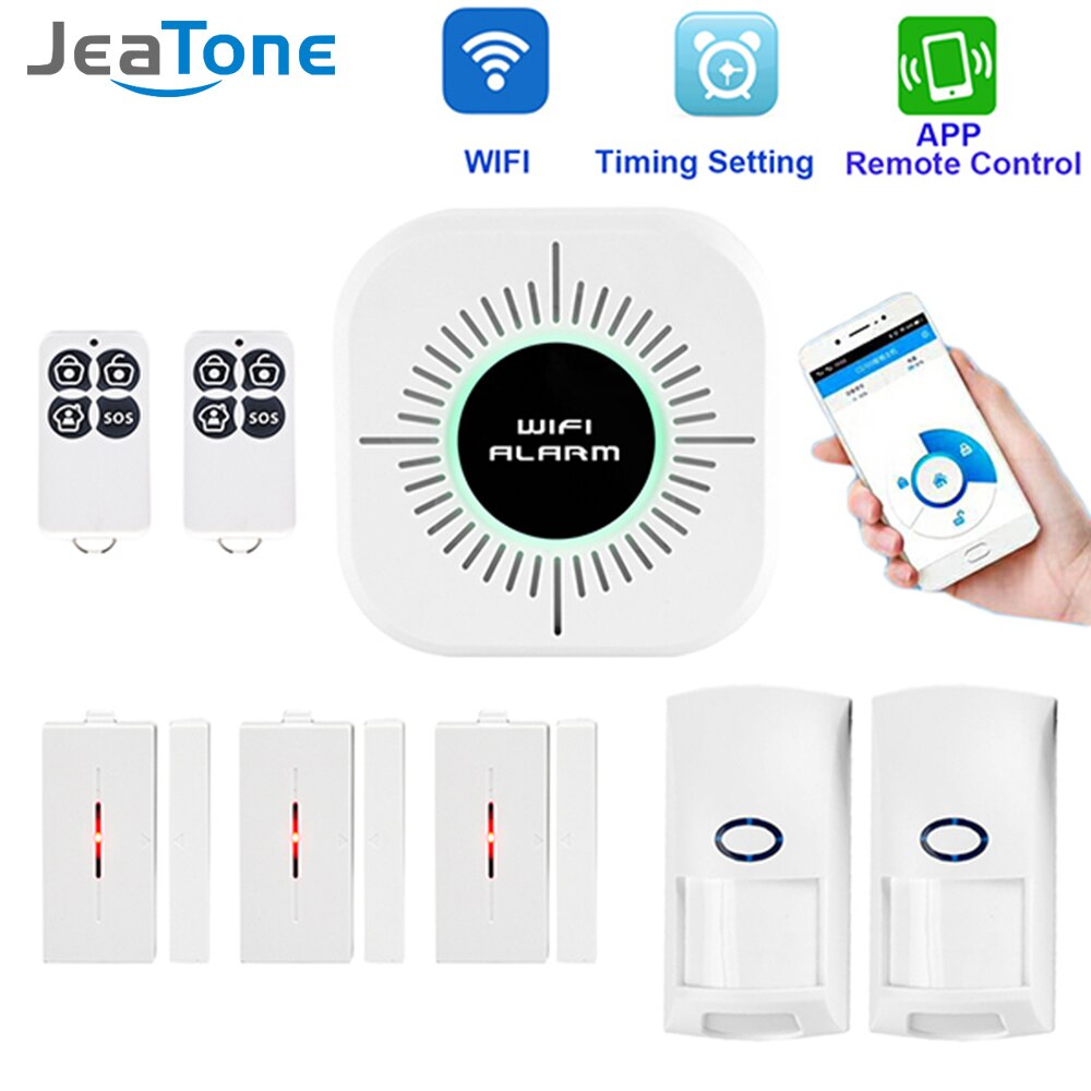 Jeatone draadloos huis inbreker wifi alarmsysteem beveiliging app controle engels android ios pir-sensor deur raam detector alarm