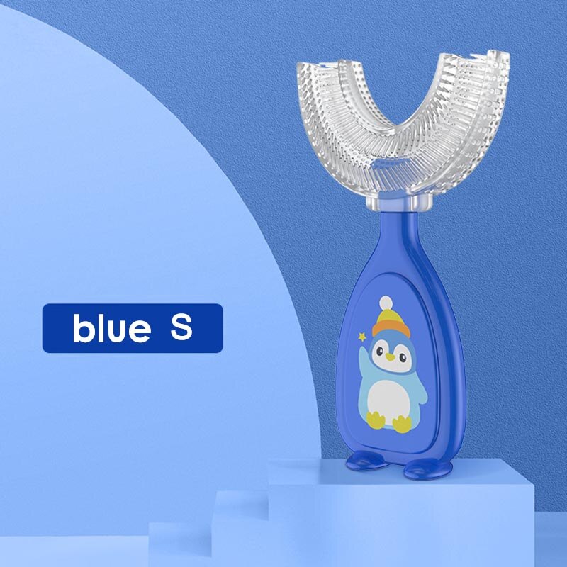 1Pcs U-Vorm Handleiding Vloeibare Siliconen Kinderen Teethbrush Leuke Cartoon Kinderen Tanden Reinigen Tandenborstel Oral Care: blue S