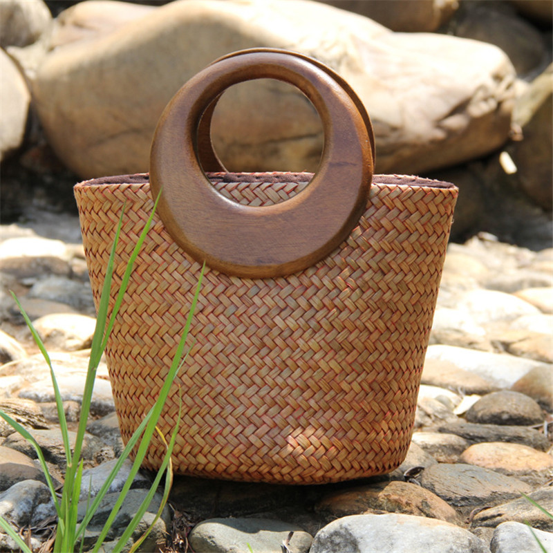 Håndlavet træhåndtag halmpose vintage vævede håndtasker kystferiepose rattan spandpose: B 28 cm x 18 cm x 19cm