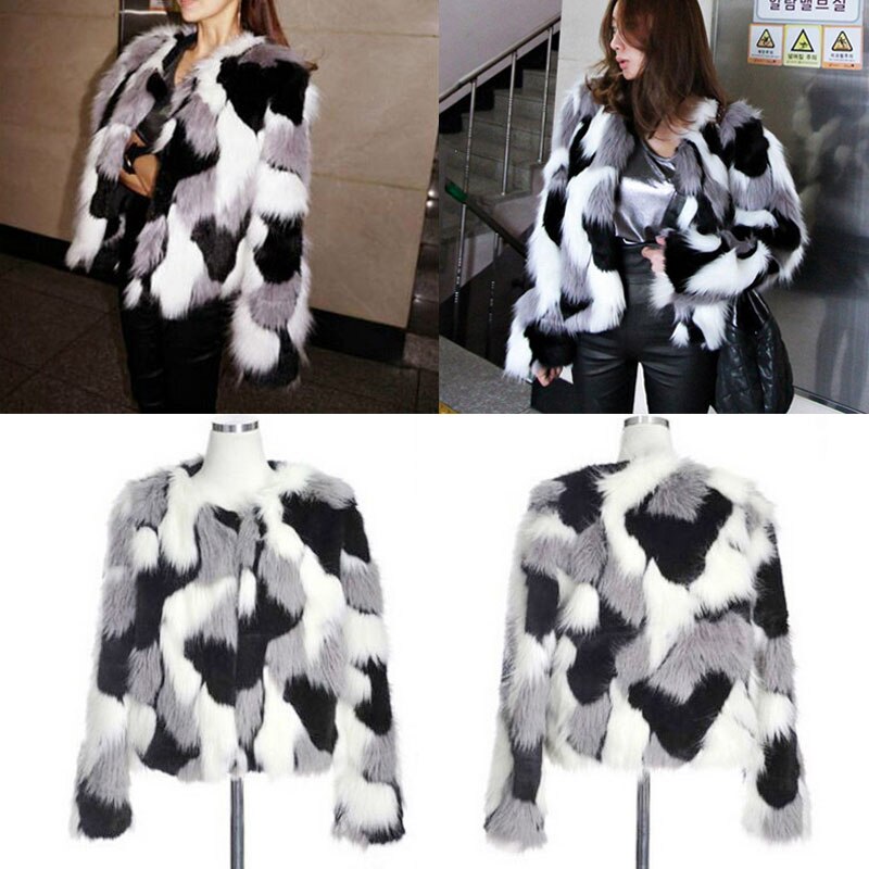Manteau fausse fourrure, couleur mixte noir et blanc, veste automne-hiver à manches longues et Style court col rond femme, manteau , grande taille 6XL