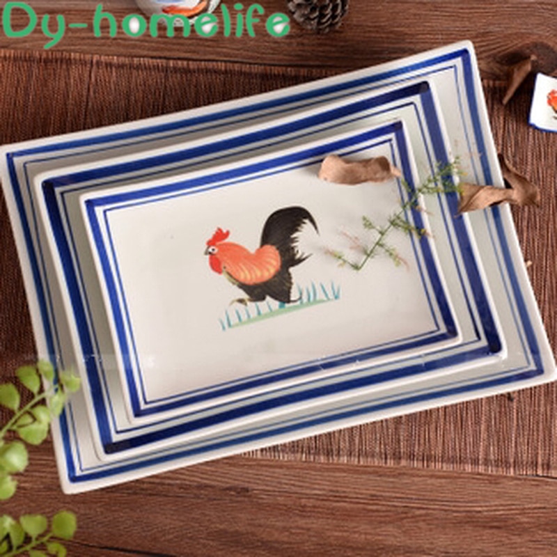 Japanese Style Rooster Figure Rectangular Ceramic Plate Restaurant Household Multi-size Antique Bone China Plate