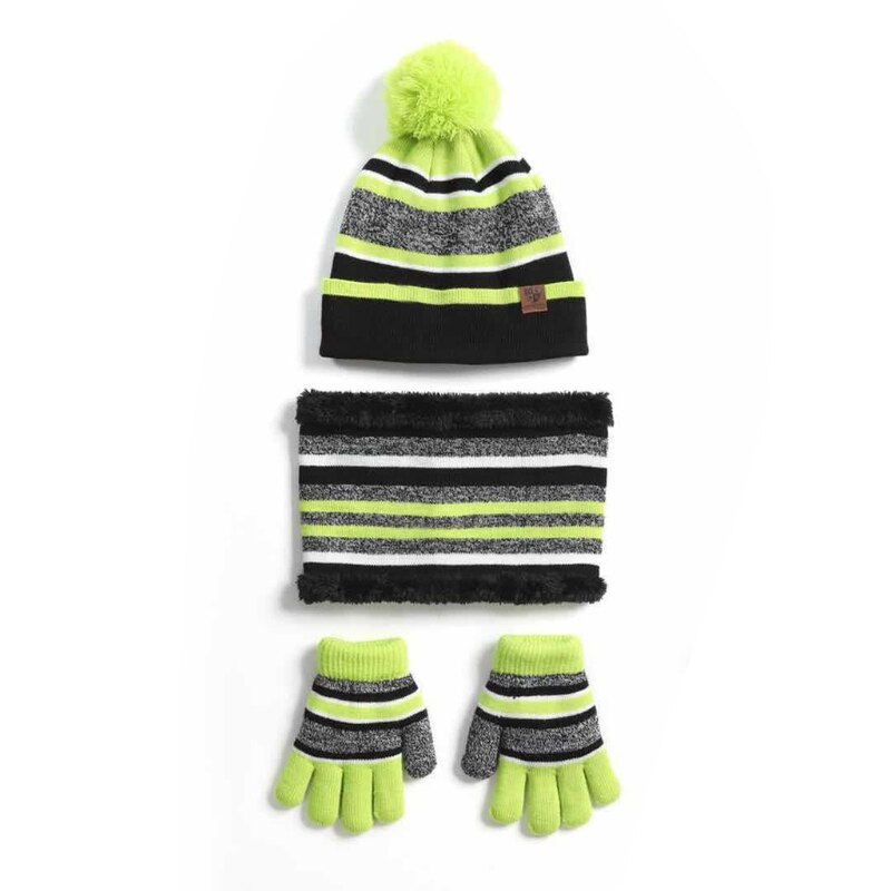 Børn vinterstrikket 3 stk pompon stribet beanie hat plys foret halstørklæde handsker sæt 77he: Gn