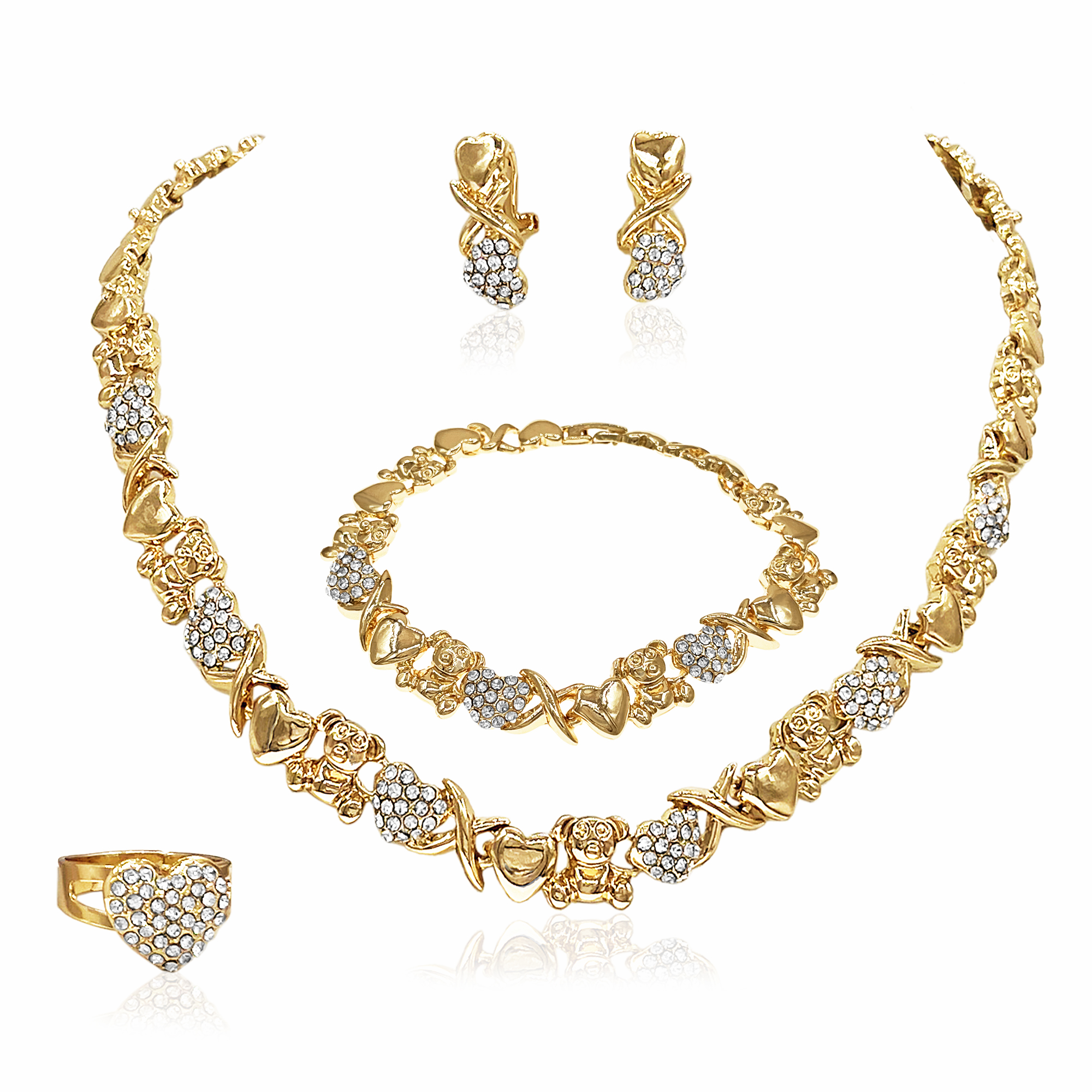 Conjunto de joyería de Color dorado para mujer, conjunto de collar chapado en oro de 18 quilates, collar de oso a la nupcial para boda, pendientes, anillo, en forma de corazón