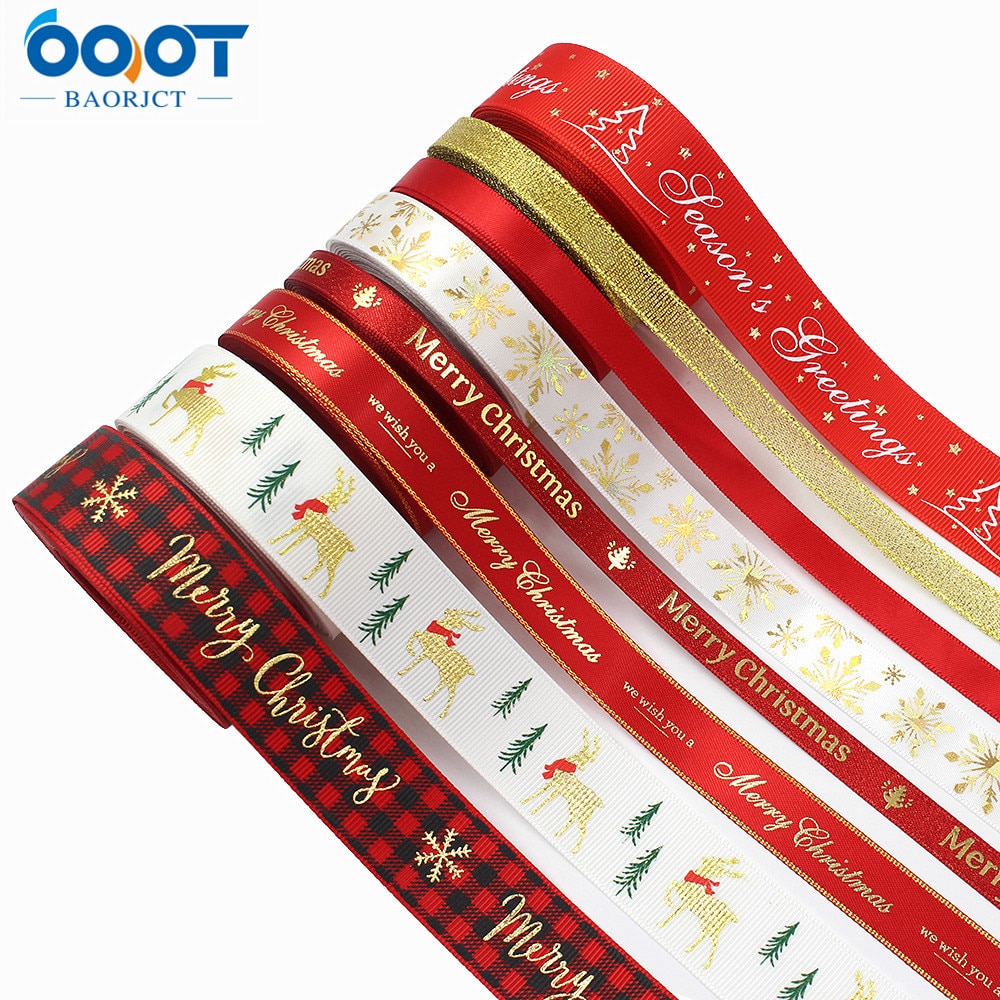 Kerst Lint 10 Yards Gedrukt Grosgrain Organza Satijnen Linten Metallic Glitter Stof Linten 20702