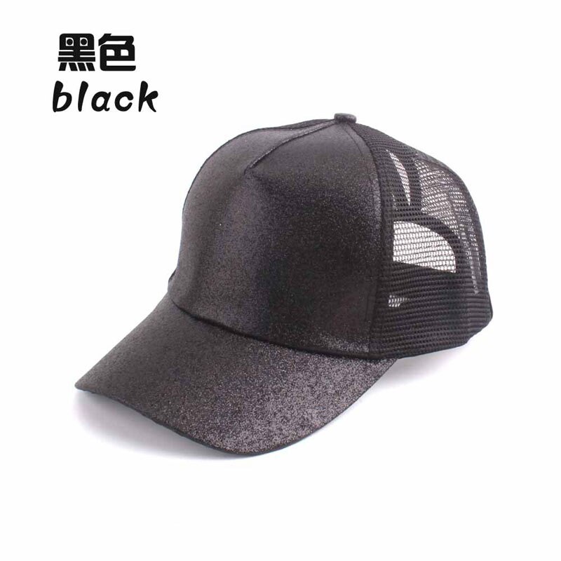 Summer Mesh Baseball Caps For Women Glitter Matte Ponytail Cap Shining Sequins Messy Bun Snapback Hip Hop Hat: black