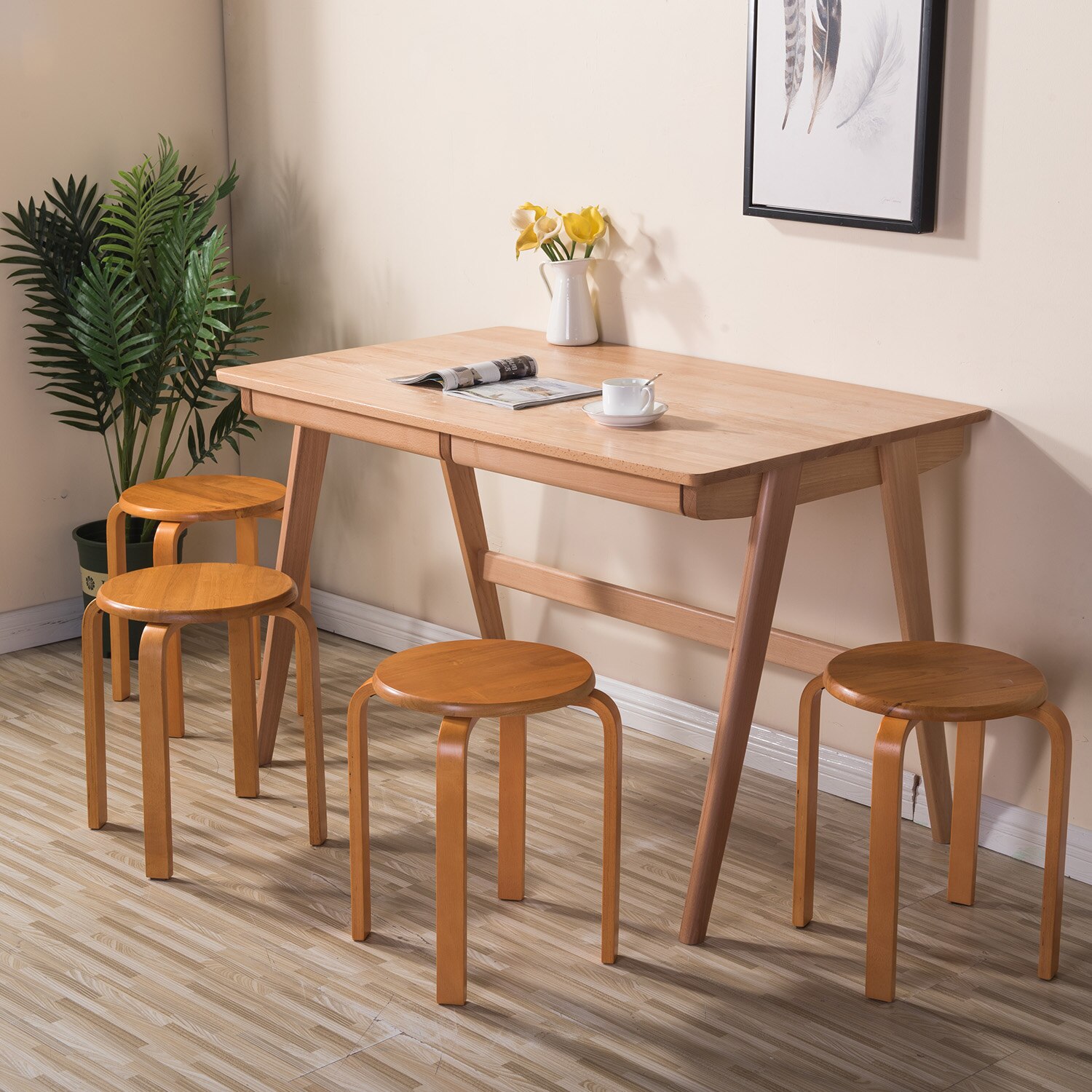 1Pcs Modern Stool K/D Rubber Wooden Stools Practical Round Stacking Stools for Home Restaurants Hotel Natural Finish Stool