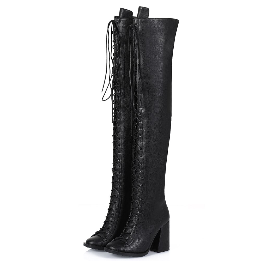 BONJOMARISA INS – bottes de moto pour femmes, cuissardes à talons hauts et lanières croisées au dessus du genou, Cool, noires