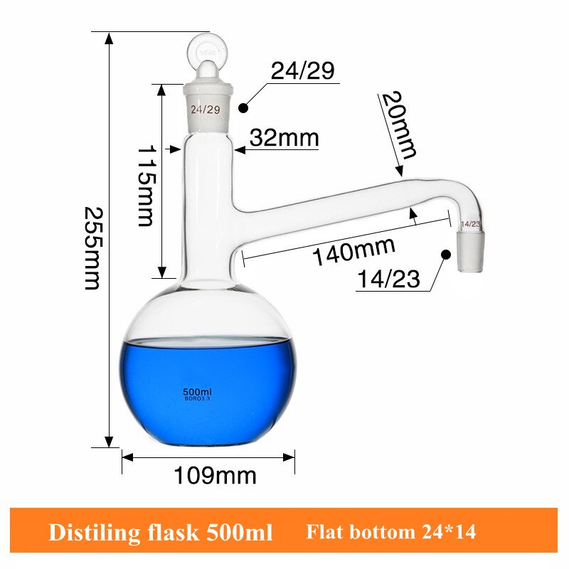 Matraz de destilación de 500 mL, frasco de vidrio, uso para hacer agua destilada, extracción de aceite esencial, cristalería de Laboratorio 1/PK