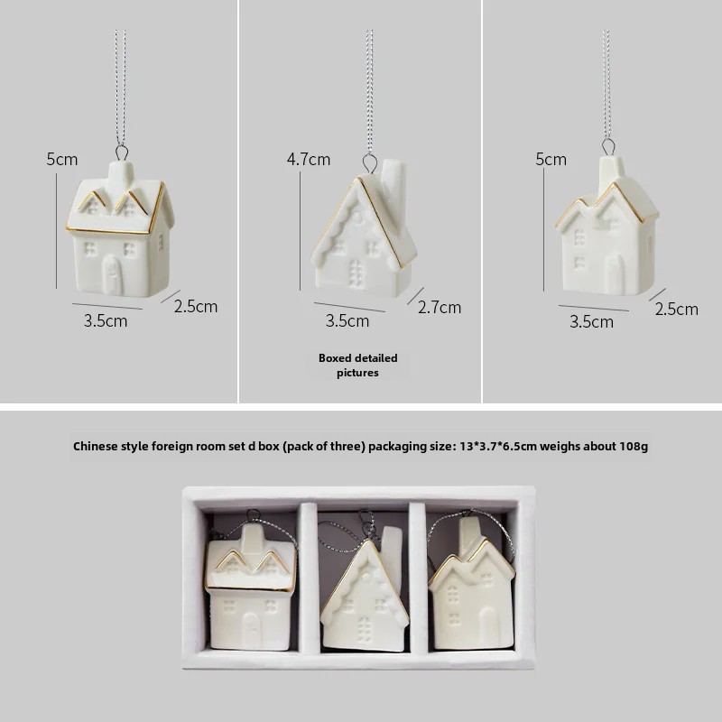 Keramisk julepyntsett med 3 glødende snøhuspynt små scenedekorasjoner til hjemmekontor: Hvit