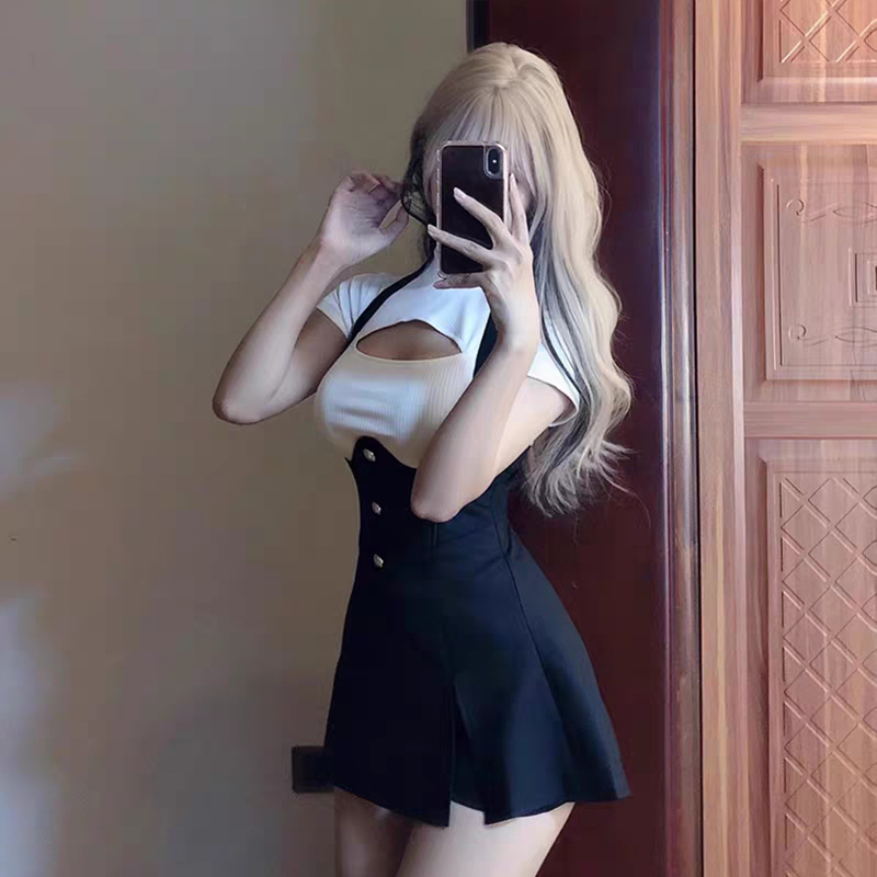 Japanske sexy søte skjørtsett svart kjole dame hul topp klubb fest minikjoler kvinnelig koreansk kjole sommer