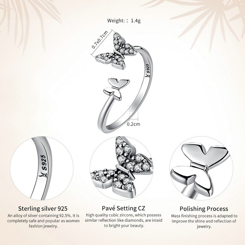 WOSTU 100% 925 Sterling Silver Dancing Butterflies Rings For Women S925 Jewelry CQR087