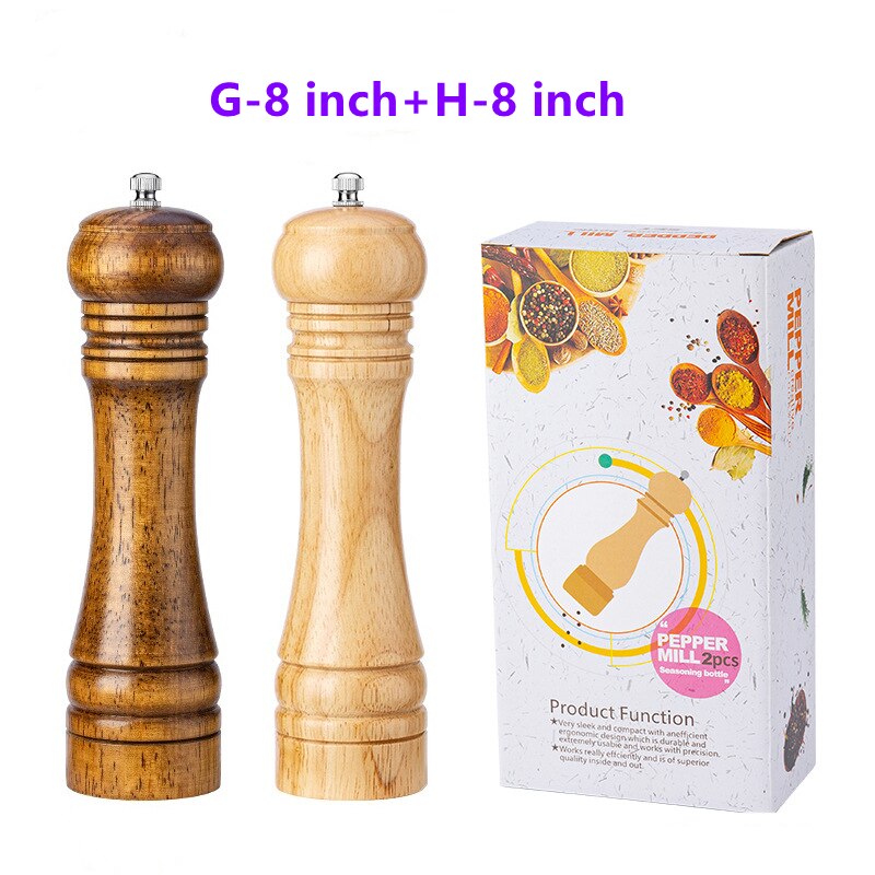 5" 6" 8" 10" Salt and Pepper Grinder, Solid Wood Spice Pepper Mill with Strong Adjustable Ceramic Grinder Kitchen Cooking Tools: H-8 inch-G-8 inch