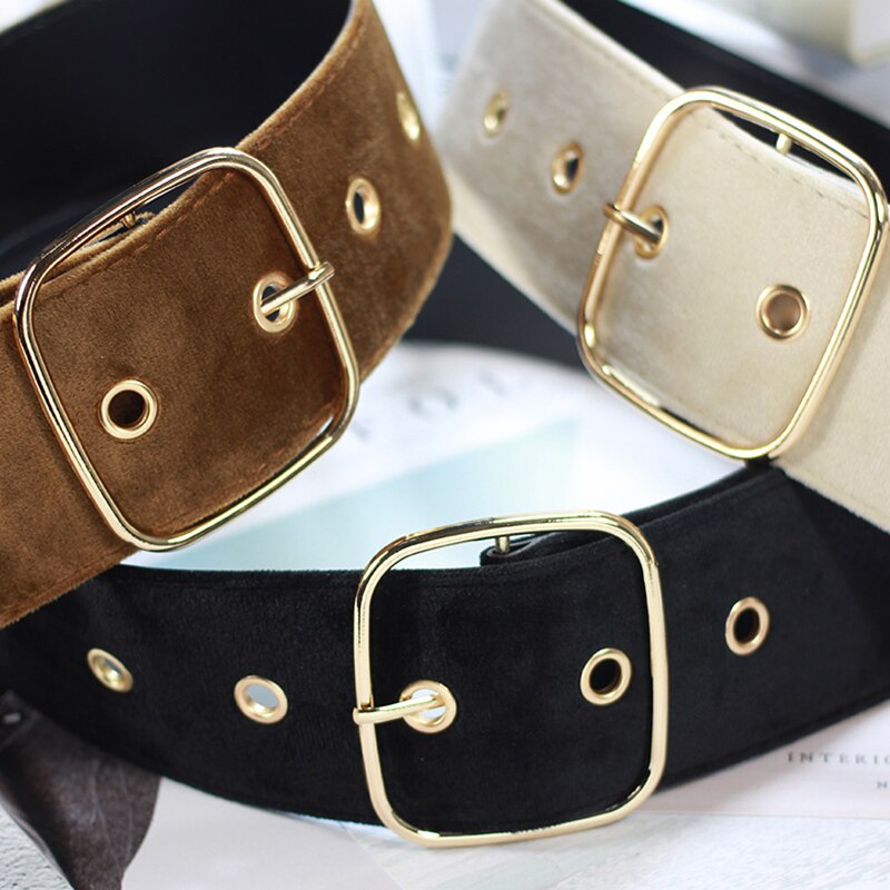 1 Pc Retro Lange Fluwelen Riem Ronde Vierkante Metalen Pin Gesp Decoratieve Casual Brede Tailleband Mode Vrouwelijke Jurk Jas Trui riem