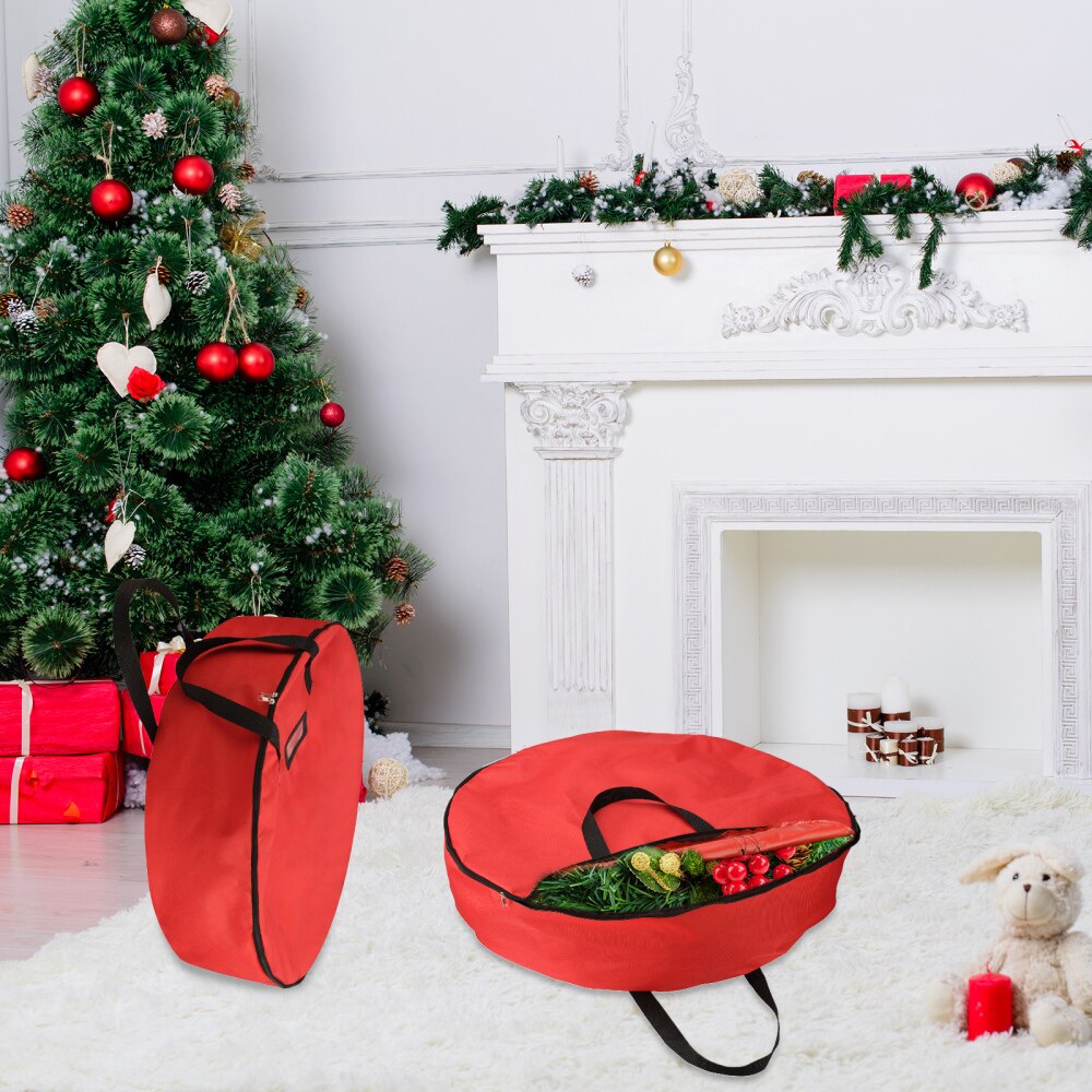 Foldable Round Christmas Wreath Oxford Cloth Storage Bag Durable Handles Easy To Carry Home Storage