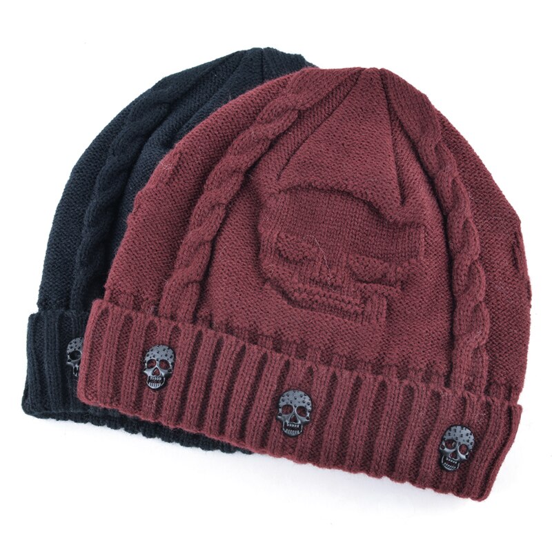 Super kule hodeskalle mønster luer for menn strikket ull pluss fløyels bein ensfarget hip-hop lue vinter dame lue gorro cap