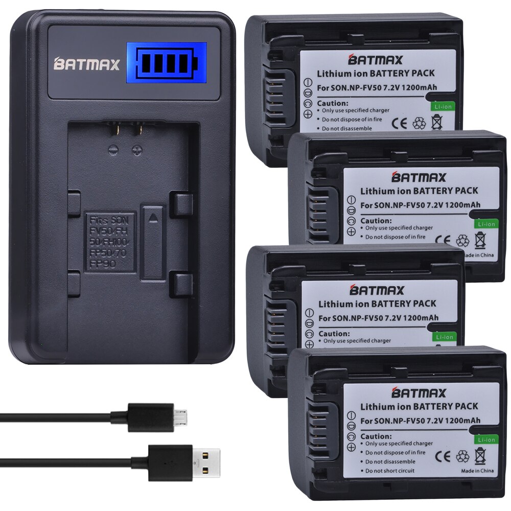 Batmax NP-FV50 NP FV50 batería + cargador USB con LCD para SONY HDR CX390 290E PJ510 820E 790E 660E XR260 CX700E PJ50E 30E SR68: 4B with charger