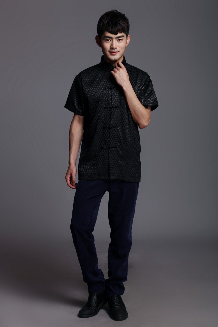 Men Traditional Chinese Clothing for Men Chinese Tang Costume Cheongsam Top Female Summer Shot Sleeve Shirt 16: Black / S