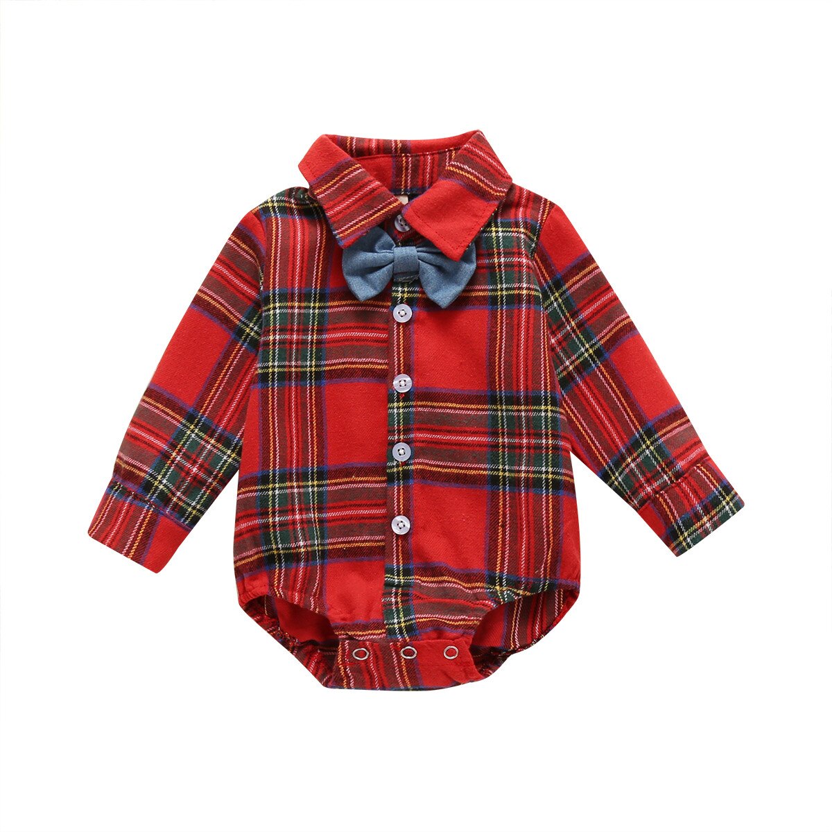 Christmas Baby Boys Gentleman Bodysuits 2Pcs Set Toddler Lapel Plaid Button Long Sleeve Romper + Blue Bow Tie for Children