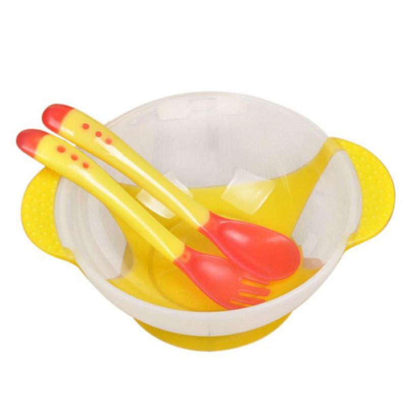 Cuenco de alimentación para bebé, juego de tazón con ventosa, cuchara con detección de temperatura, vajilla para bebé, platos de aprendizaje, tazón de comida para niños: 3 PC Yellow